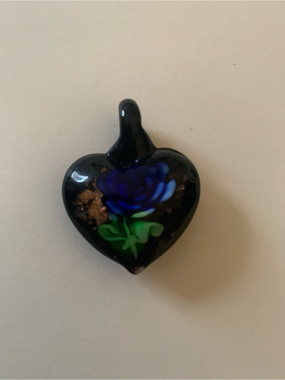 Handmade Black Glass Heart Pendant with Blue Rose